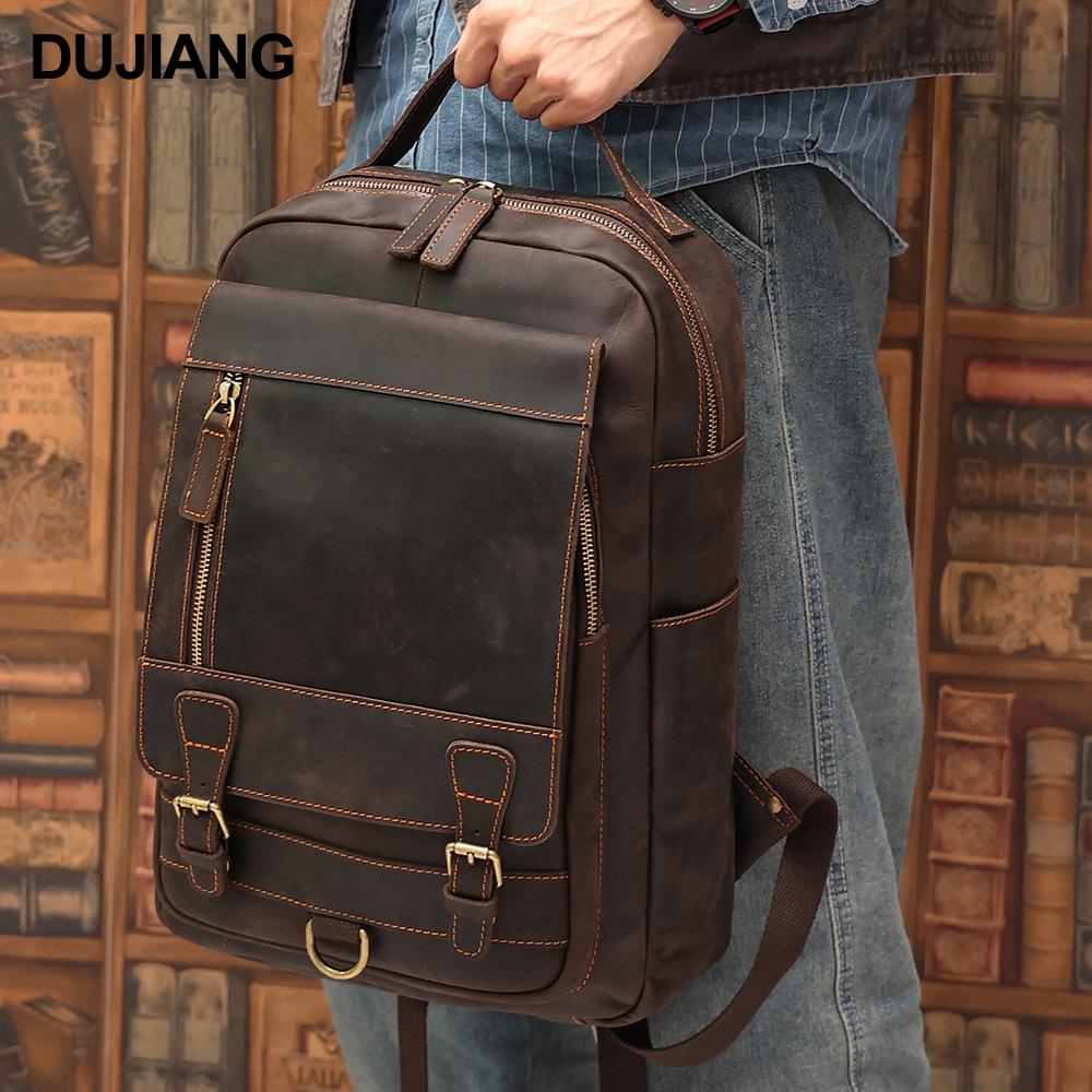 DUJIANG Men's Crazy Horse Leather High-Capacity Casual Backpack