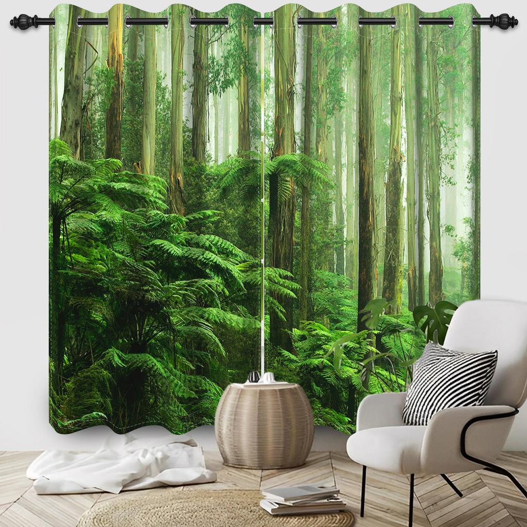 2pcs/set Blackout Curtains Sunny Forest Natural Green Space Landscape Polyester Window Bedroom Kitchen Home Interior Curtains