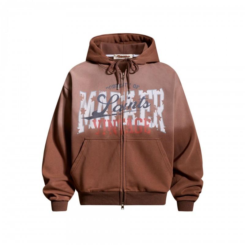 Mens Oversized Hooded Zip-Up Sweatshirt With Vintage Letter Print Relaxed Fit Cotton Blend Casual Fall Wear