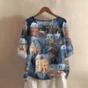 Women's Fashionable And Casual Shirt Half-sleeve Round Neck Print Cotton And Linen Blouse Top