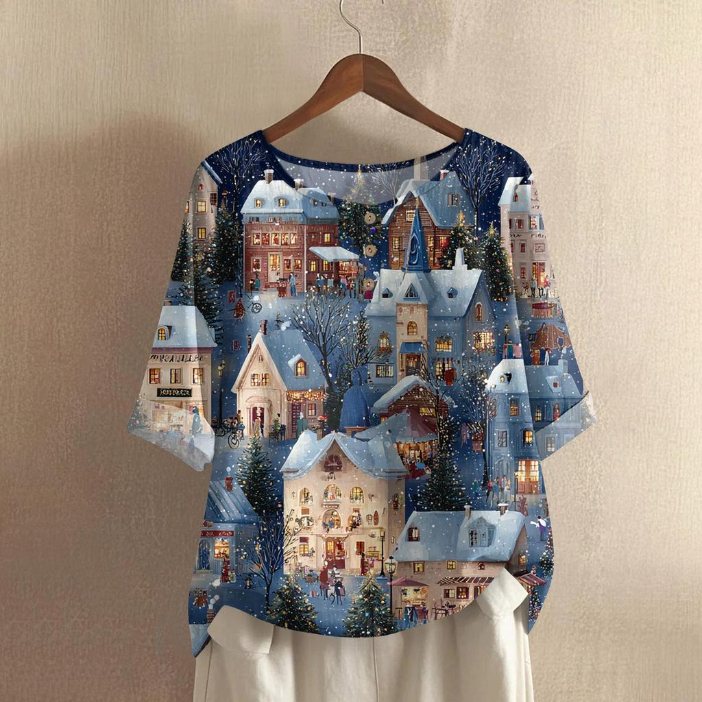 Women's Fashionable And Casual Shirt Half-sleeve Round Neck Print Cotton And Linen Blouse Top