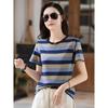 Tricou Casual de Vară cu Dungi Albastre pentru Femei, Mânecă Scurtă, Gât Rotund, Simplitate, Modă, Mărimi Mari, Animat Digital