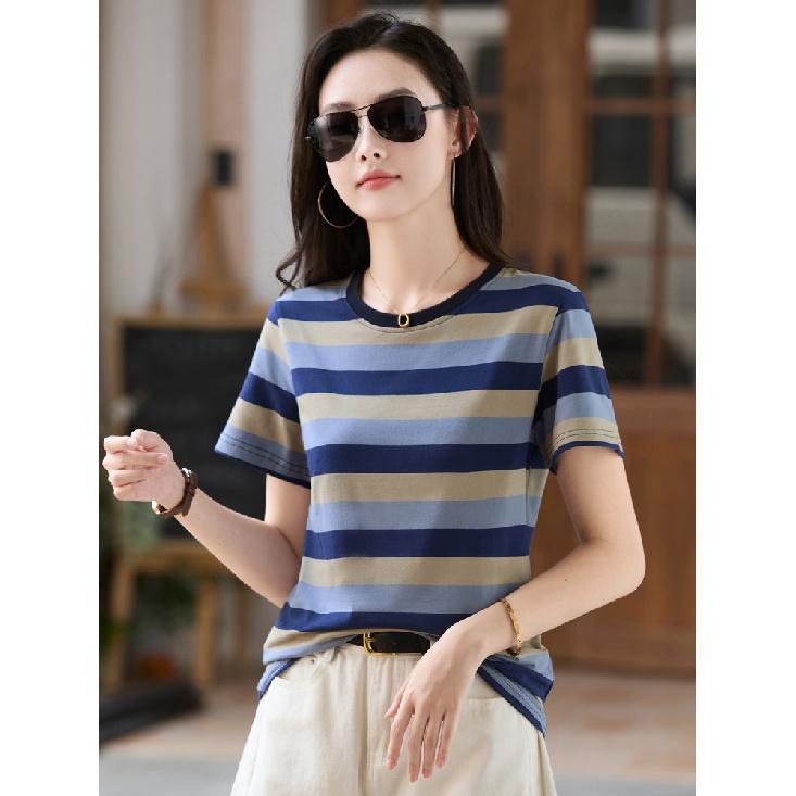 Tricou Casual de Vară cu Dungi Albastre pentru Femei, Mânecă Scurtă, Gât Rotund, Simplitate, Modă, Mărimi Mari, Animat Digital