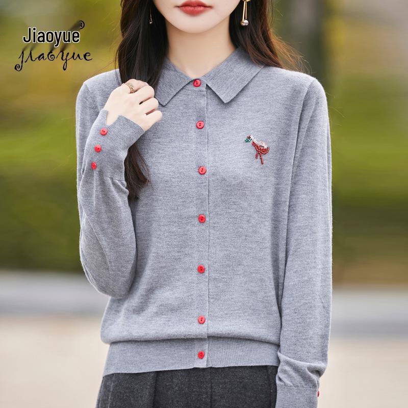 

Women s Fine Wool Rhinestone Cardigan Sweater with Turn-Down Collar, 2025 Spring Collection, Long Sleeve Slit Design XXL білий