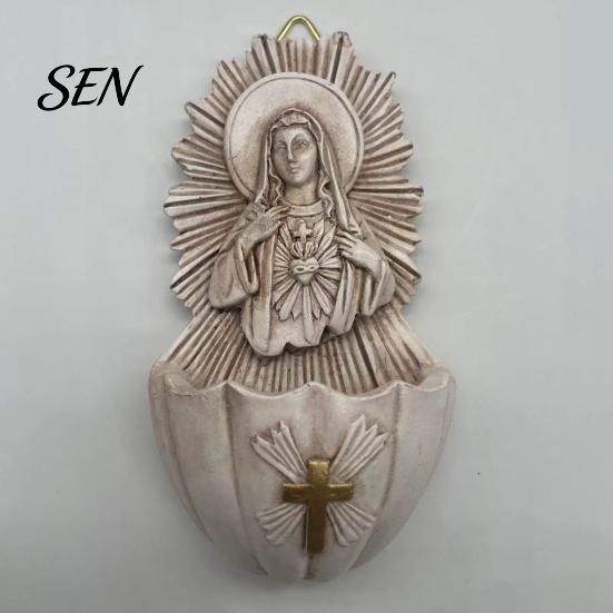 Religious Theme Decorations Sacred Heart of Mary Holy Water Font, Vintage Resin Church Soft Furnishings Basin Wall Hanging, Catholic Decor Ornament