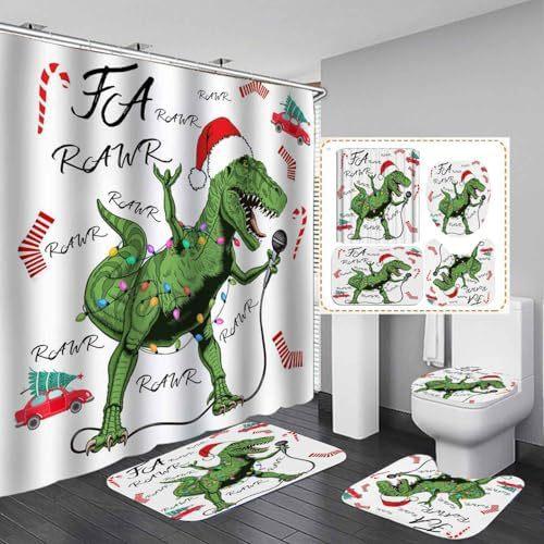 4-Piece Dinosaur And Microphone Pattern Shower Curtain With Hook Bathroom Compartmentary Curtain Bathroom Accessories Home Decor