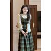 College style fake two green plaid dresses autumn and winter women's clothing new small men wear long dresses