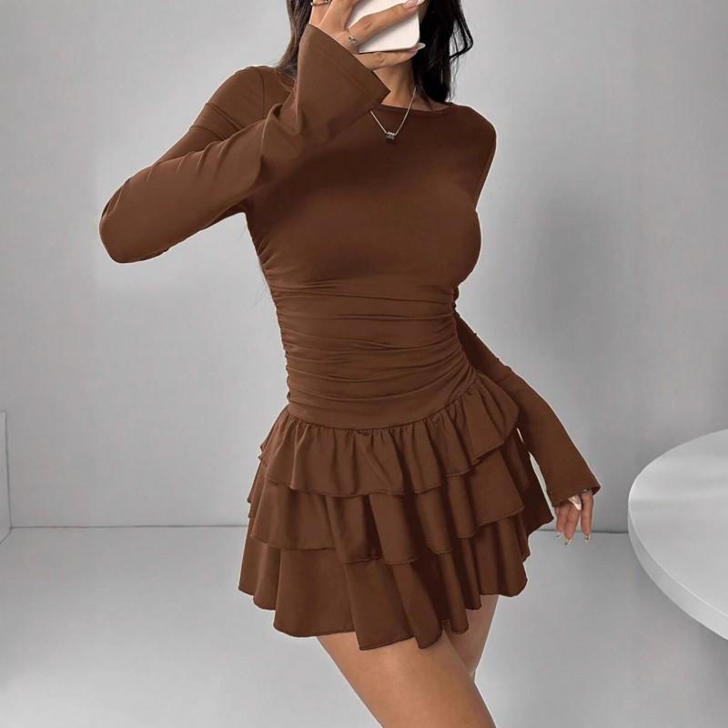 Womens Long Sleeve Dress - Solid Color Slim Fit Pleated 2025