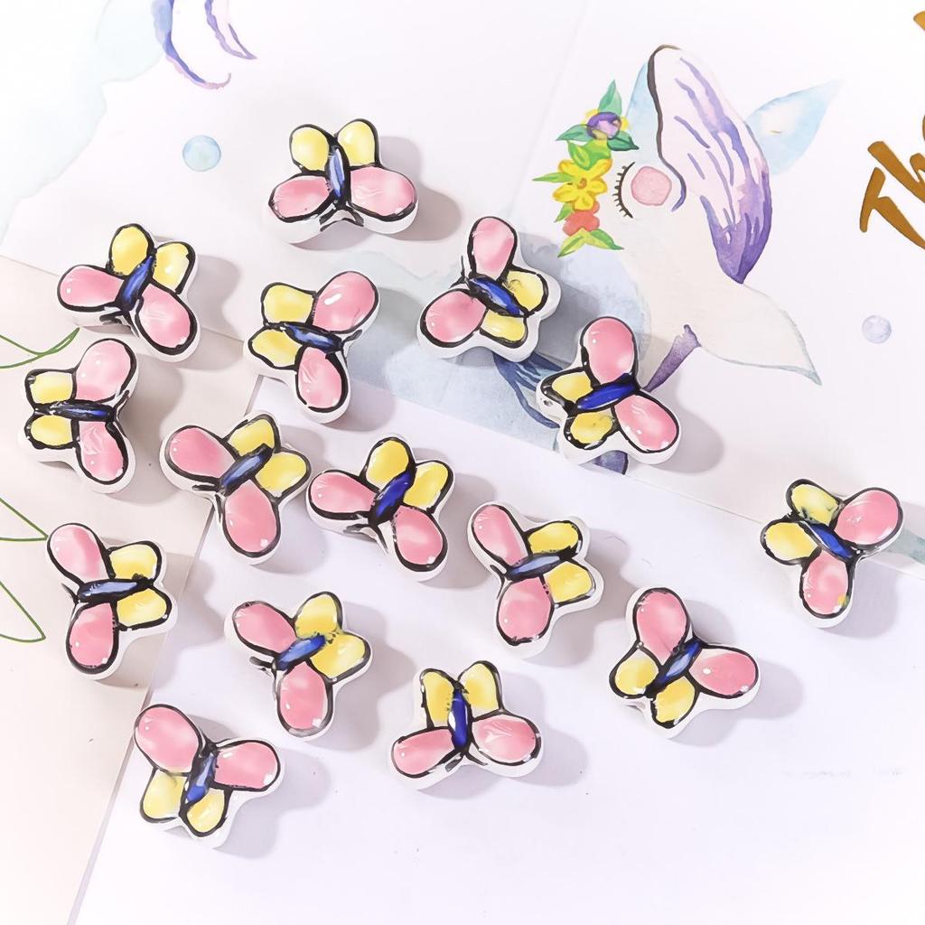Perline in Ceramica Dipinta Tulipano e Farfalla Rosa Retrò per Braccialetti e Collane Fai da Te