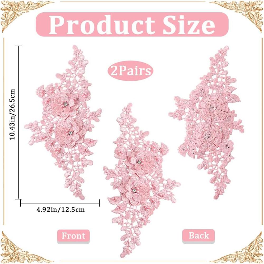 1 Pair Multicolor Flower Patches Applique Cutout Pearls 3D Rhinestone Embroidery Lace Fabric Patch Dress DIY Sewing Wedding Applique Accessories