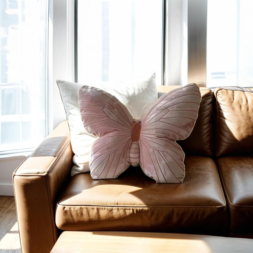 Butterfly Throw Pillow, Pink Butterfly-Shaped Glitter Velvet Stuffed Cushion Shiny Spring Decorative Animal Pillow for Couch Living Room Bed