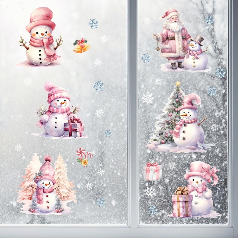 Cute Cartoon 3D-style Pink Snowman Window Sticker Snowflake Christmas Tree Santa Claus Self-adhesive Decal Festive Home Decor