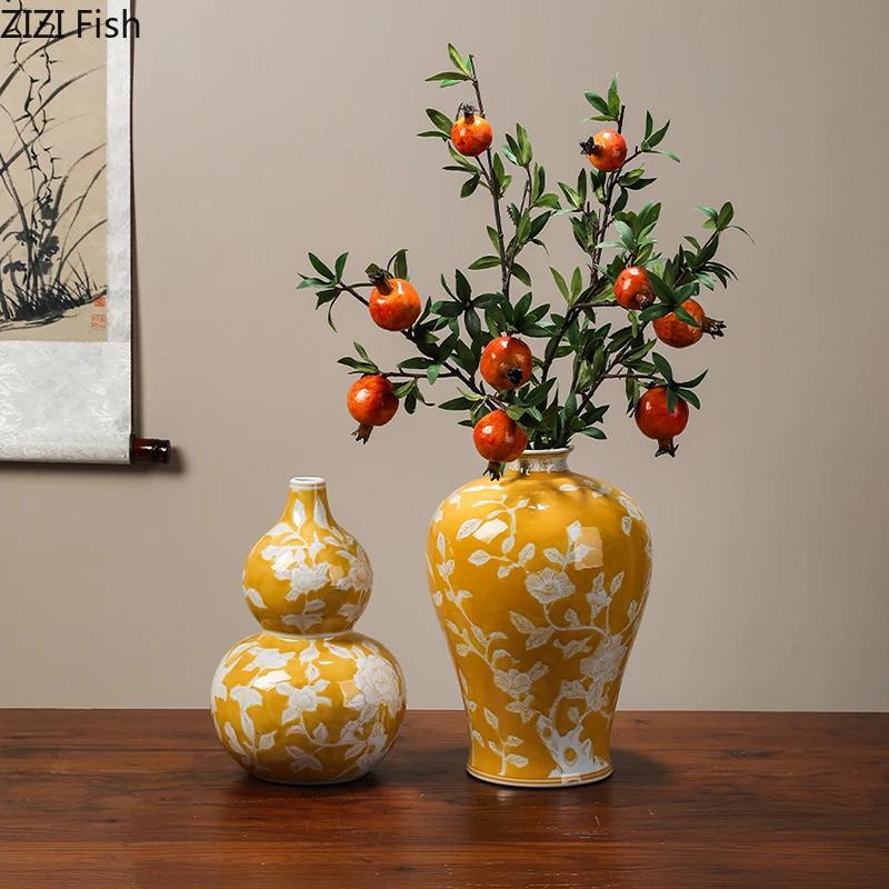 Yellow Painted Porcelain Vase Creative Classical Flower Pots Table Decoration Flowers Arrangement Vases Room Aesthetic Decor