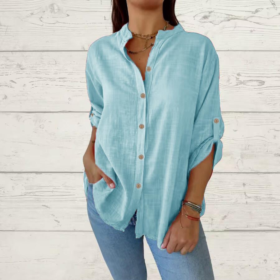 Spring and Summer Solid Color Foldable Sleeves Top V-neck Long Sleeved Casual Loose Women's Blouses & Shirts