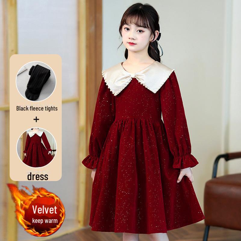 

Стильное платье принцессы с длинными рукавами и бархатом для девочек осень-зима 2023 года 160 cm