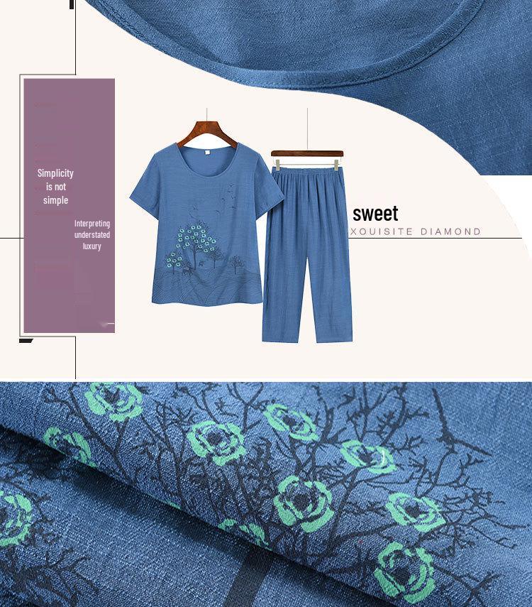 Grandma's Summer Short Sleeve Two-Piece Set: Floral Print, Round Neck, Loose Casual Top for Middle-Aged & Elderly Women