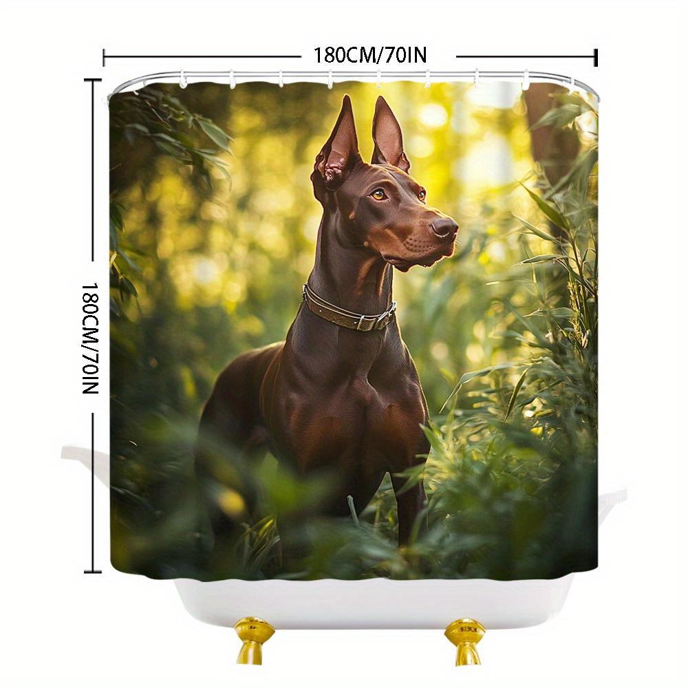 Alert Doberman Shower Curtain Muscular Dog Glossy Fur Sunlit Nature Polyester with 12 Hooks Machine Washable Bathroom Decor