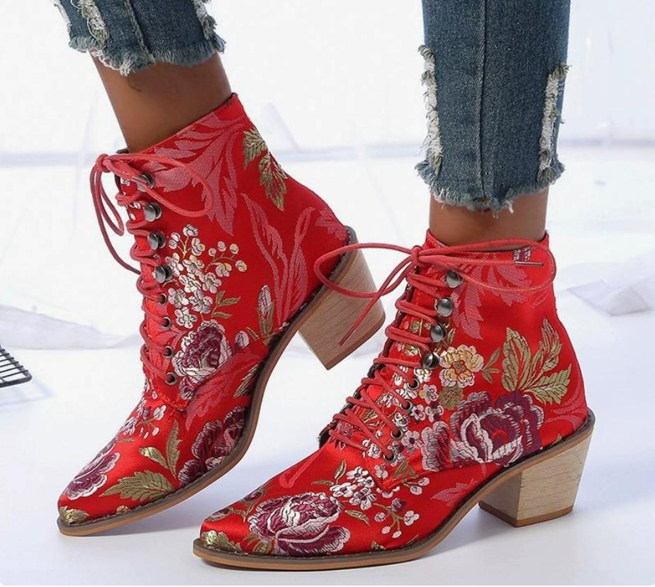 VANGULL Women Silk Boots Martin Ankle Boots Autumn Winter Embroider Womens Boots Lace Up Shoes Woman