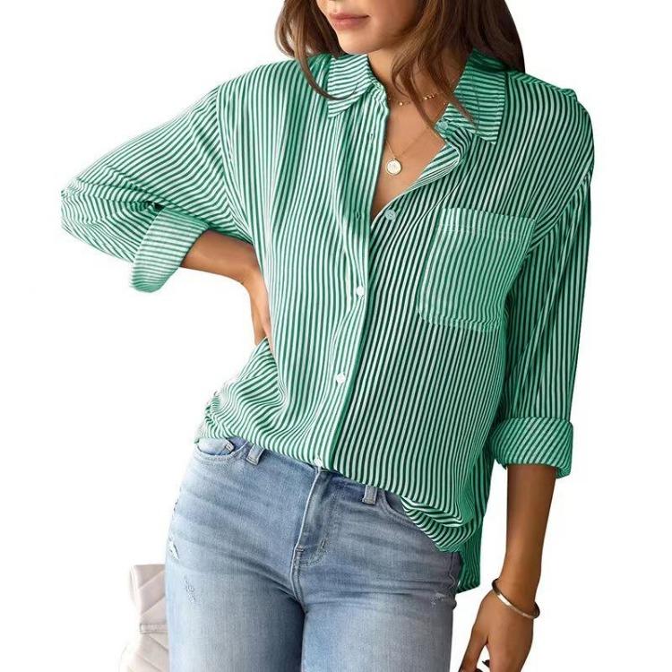 Women Casual Long Sleeve Striped Shirt Button Front Pocket Chic Print Daily Wear Perfect Clothing S зелёный