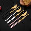 Gold Stainless Steel Cutlery Set Sushi Sticks Dinner Spoons Set 8Pcs Dinnerware Korean Chopsticks Dessert Spoon Flatware Set