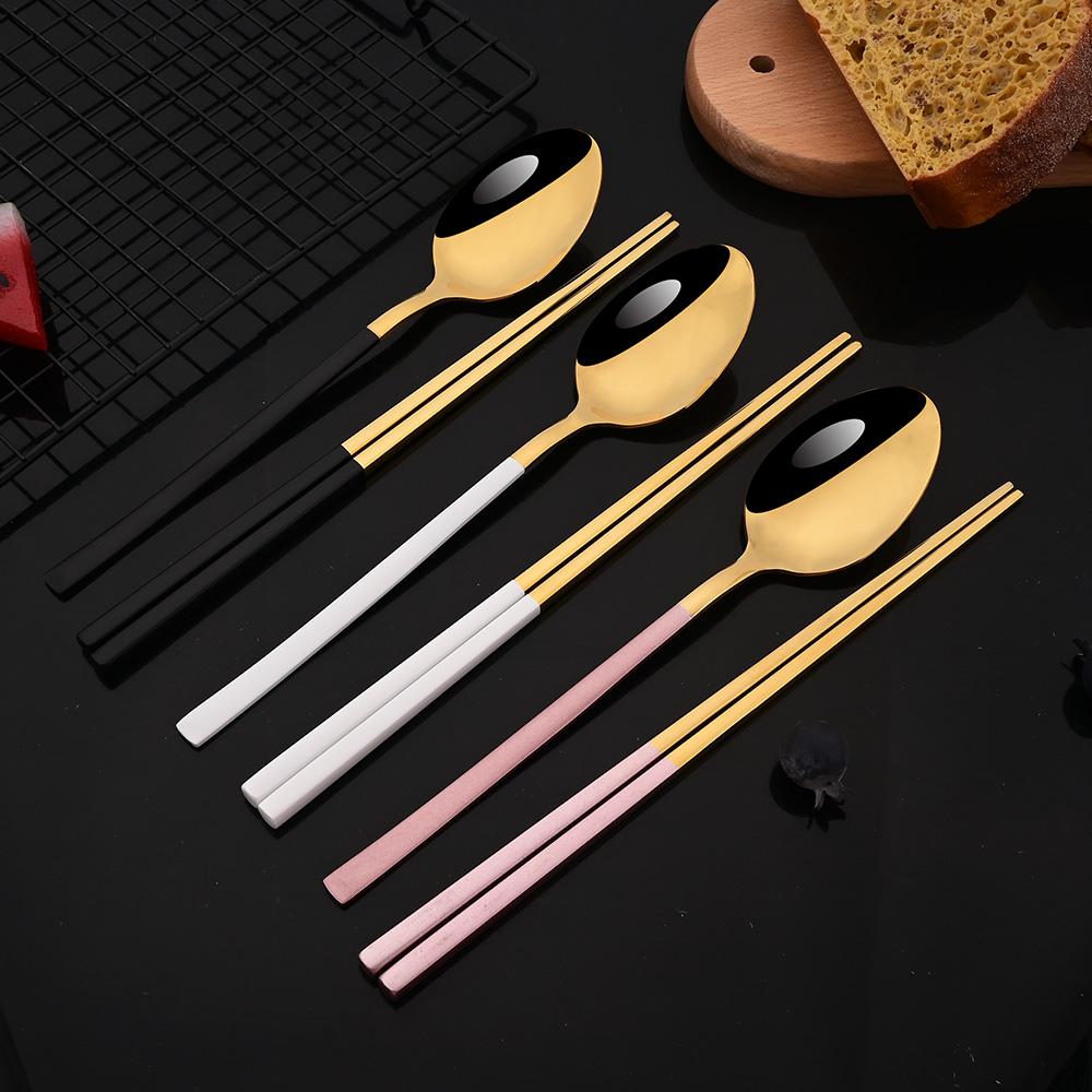 Gold Stainless Steel Cutlery Set Sushi Sticks Dinner Spoons Set 8Pcs Dinnerware Korean Chopsticks Dessert Spoon Flatware Set