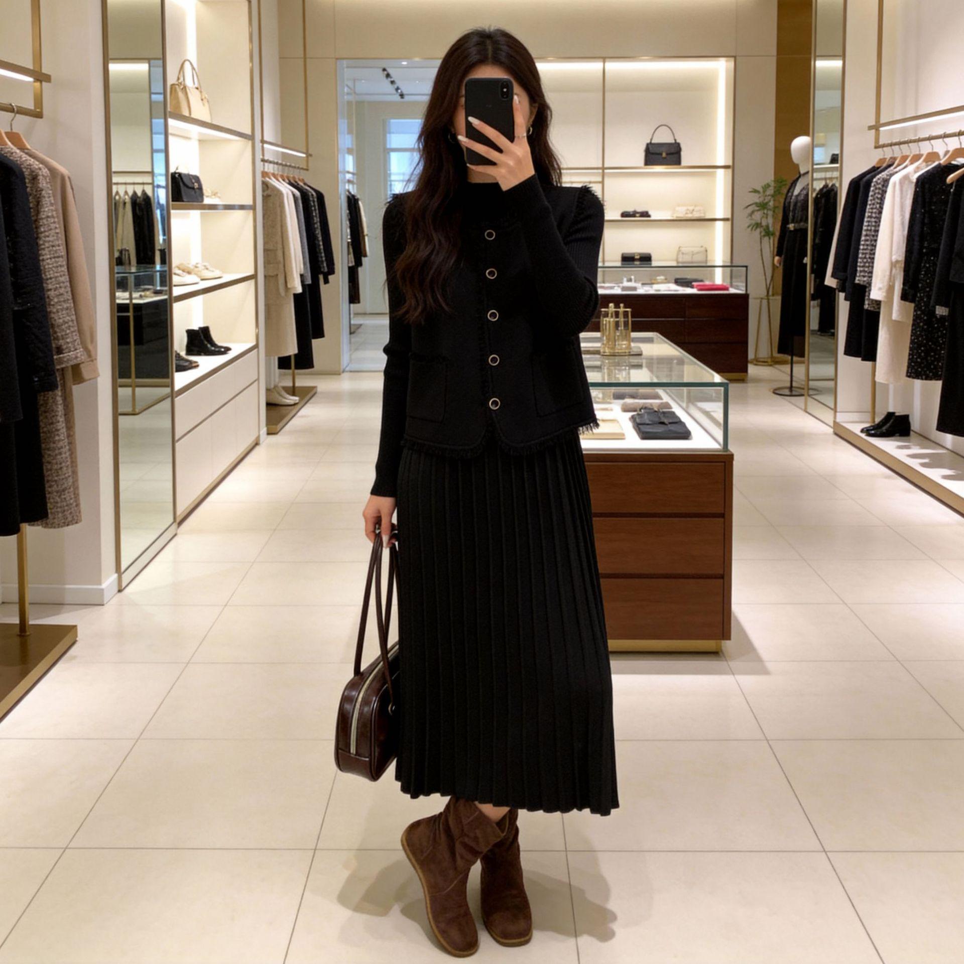 

Chic Knit Vest & Pleated Dress Two-Piece Set - Women s Slimming, Age-Reducing Autumn/Winter Style Large чёрный