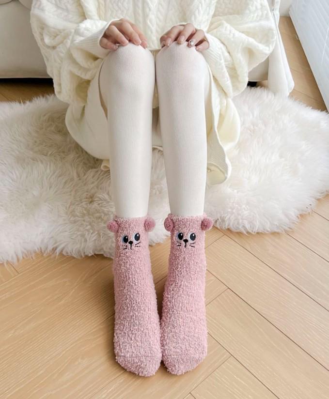 

Японские носки до середины икры из кораллового флиса с мультяшным медведем - Осень/Зима, Не линяющие носки для сна One Size