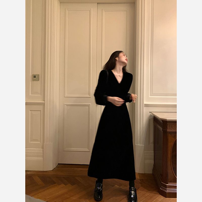 Κομψό Μαύρο Βελούδινο Φόρεμα για Γυναίκες Χειμερινά Φορέματα Α γραμμής