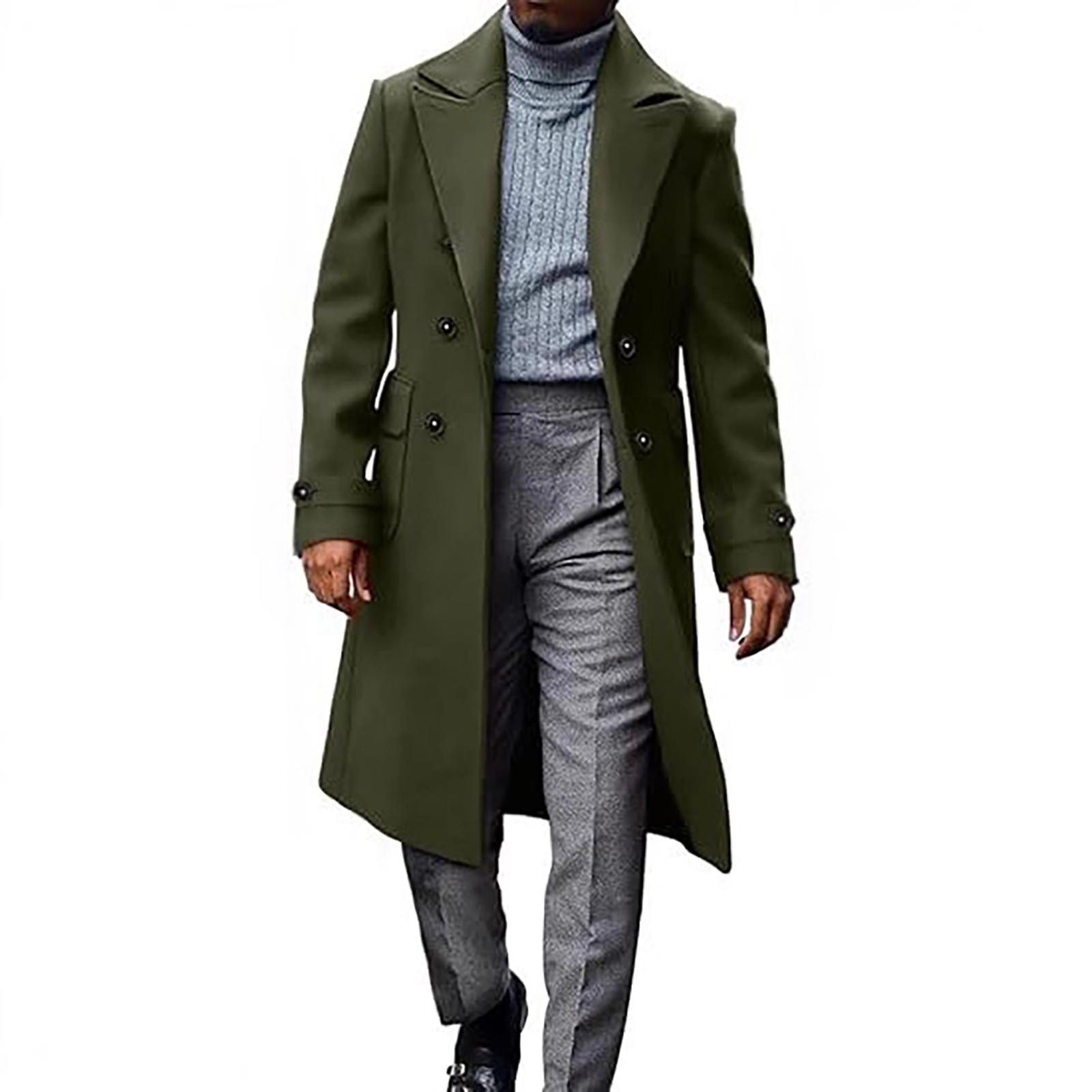 

Мужское британское однотонное длинное пальто, модное теплое шерстяное пальто L армия зеленый