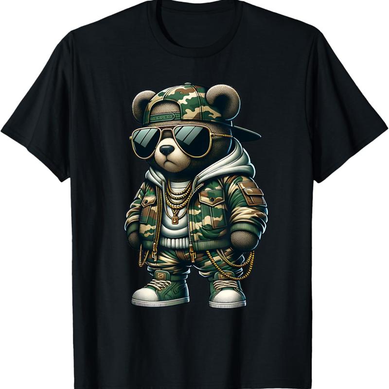 

Camo Teddy Bear Hip Hop Streetwear Urban Camouflage T Shirt - Men s Summer Cotton Graphic Tee S разноцветный