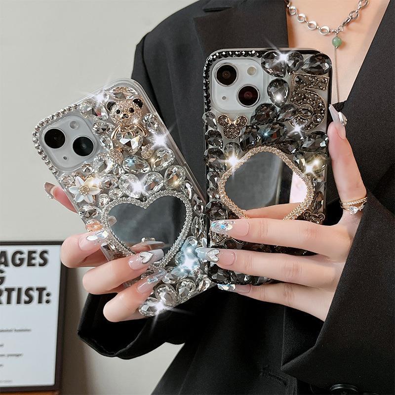 For IPhone16 Rhinestone Phone Case for Apple 15Promax Female 14 Mirror XR Light Luxury Style 8 Bear SE3