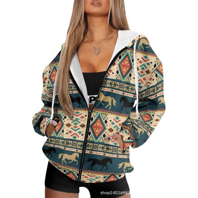 Vintage Ethnic 3D Printed Zip Up Hoodie Loose Fit Horse Geometric Graphic Sweatshirt Women