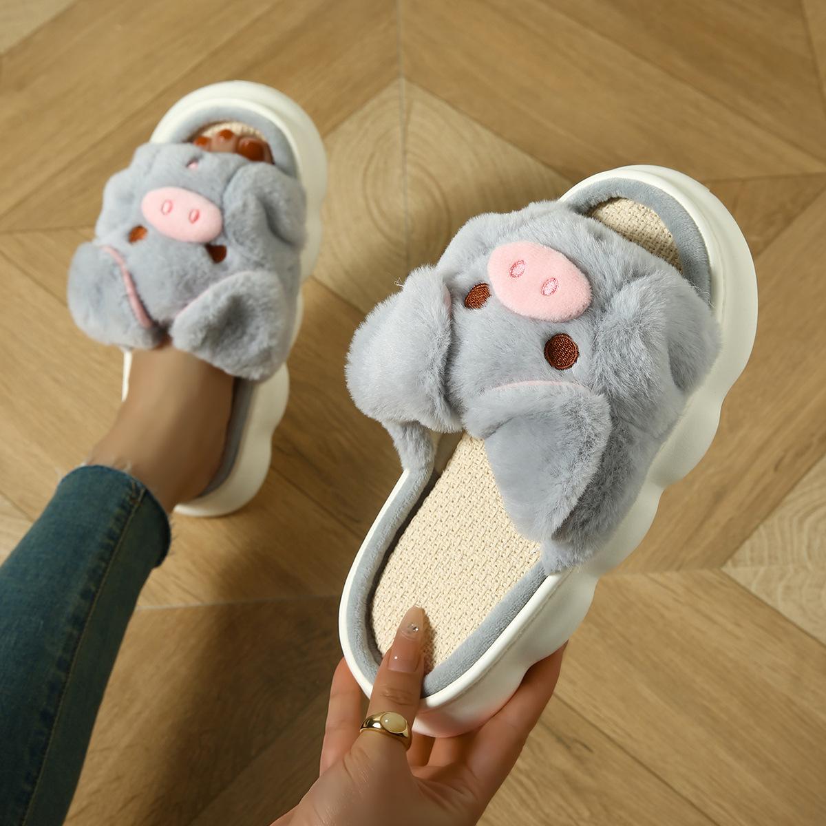 

Модные мультяшные милые пушистые меховые тапочки женские зимние новые теплые на плоской подошве домашние хлопковые тапочки женские нескользящие для дома хлопковые шлепанцы 40-41 серый