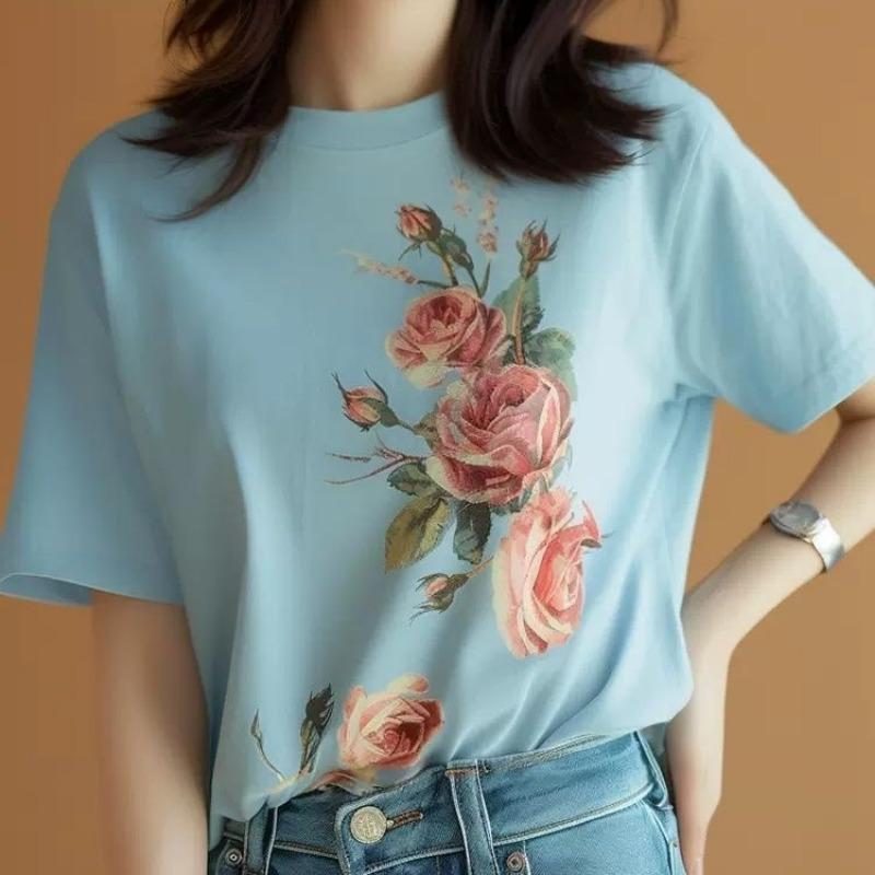 

Лето 2025 Новая Простая и Свежая Футболка с Коротким Рукавом с Цветочным Принтом Повседневная Модная Универсальная Майка для Женщин 5XL
