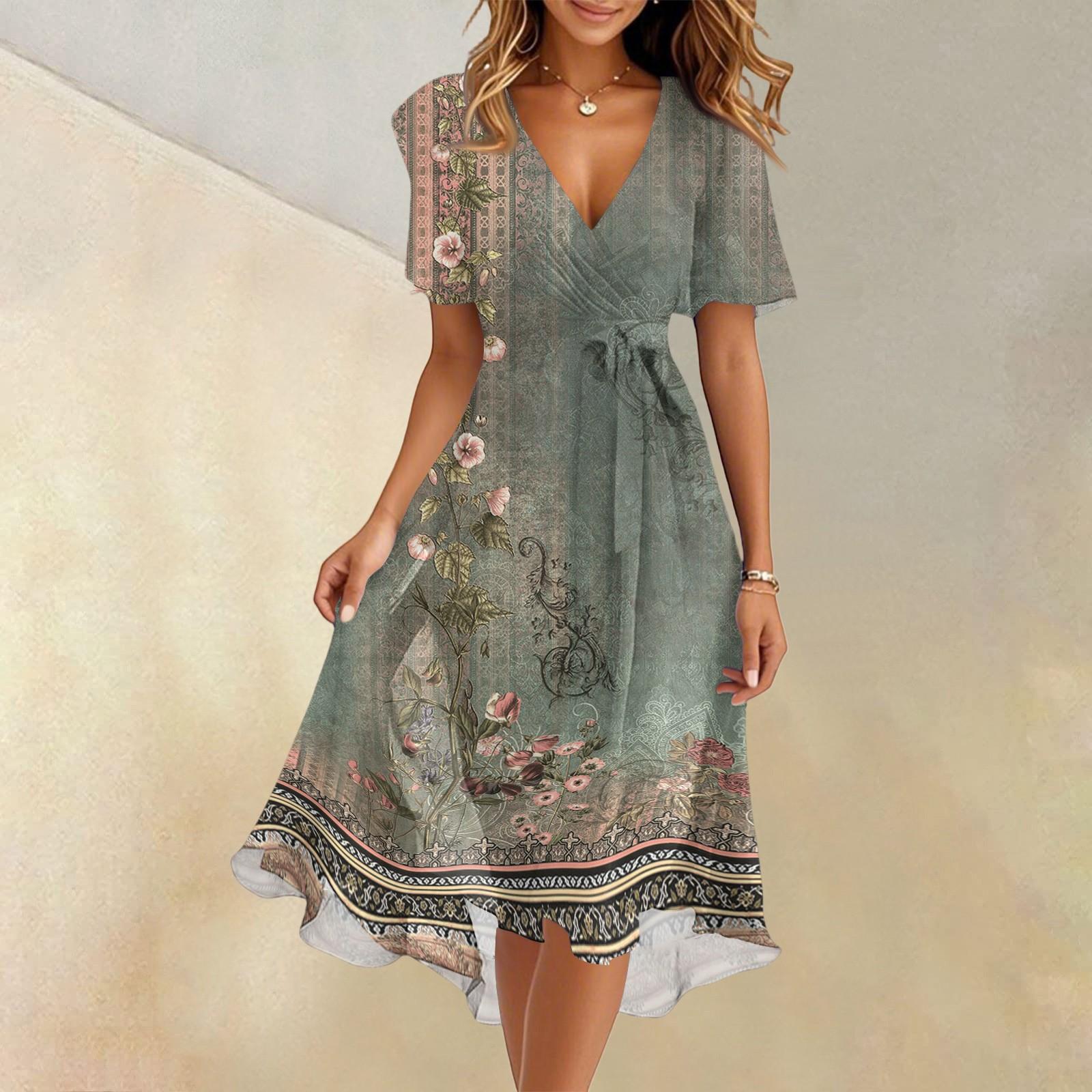 

Женское летнее модное расклешенное платье с V-образным вырезом и короткими рукавами с цветочным принтом XXL