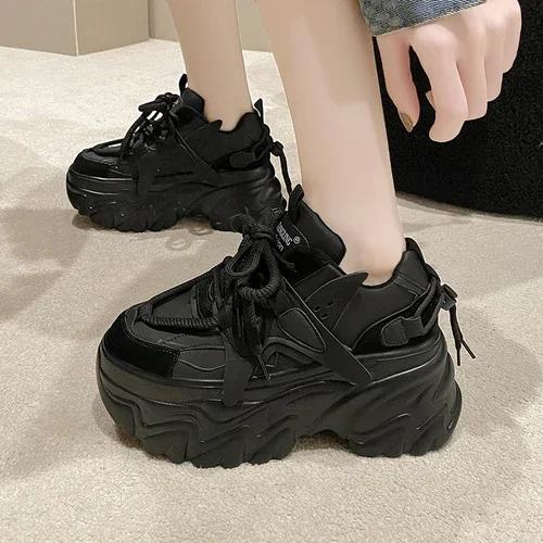 

Модные высокие кроссовки на платформе с танкеткой 8 см, кожаные кроссовки для ходьбы, женские, новые, осенне-зимние, теплые, вулканизированные, женские, массивные кроссовки 39 чёрный