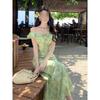 French Dopamine Green Floral Dress Women's Summer Lotus Leaf Edge Vacation Wind Waist Skinny Lace-up V-Neck Long Dress