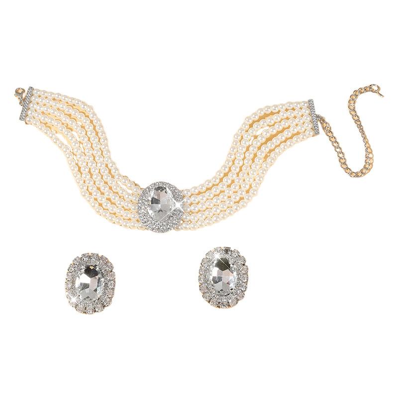 Catena da collo con borchie orecchini a lobo geometrici esagerati con diamanti completi set collana multipla con perle imitation e cristallo grande da sposa donna