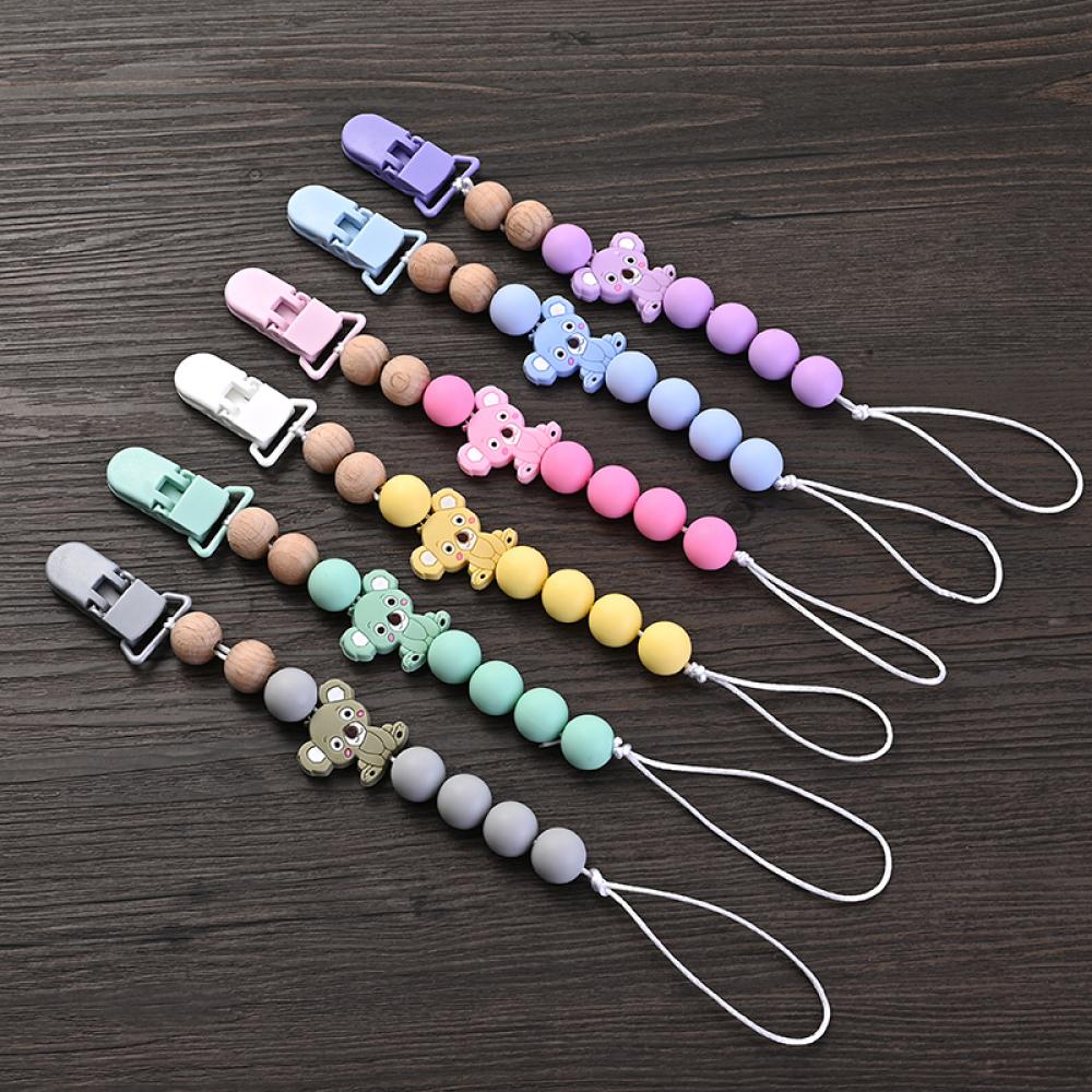 Anneau de dentition en bois pour bébé Chaîne de sucette Jouets à mordiller d'allaitement Cadeau Clips de sucette pour bébé Support Chaîne de dentition Animal Cartoon en Silicone
