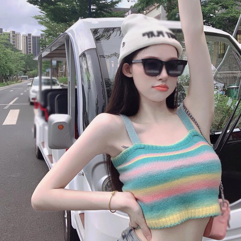 Rainbow Striped Knitted Camisole For Women Slim Versatile Crop Top Summer Casual Girly Sling Tops