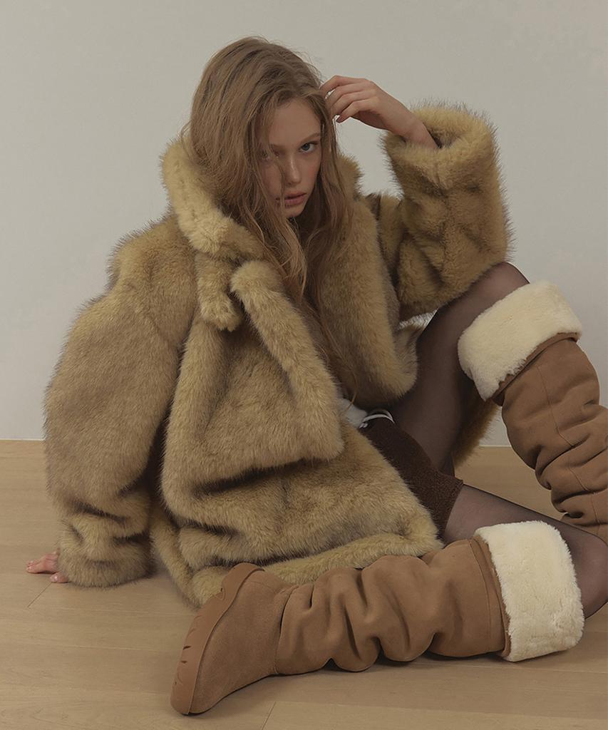 Lonque Lamb Fur Thigh-High Boots (Beige)
