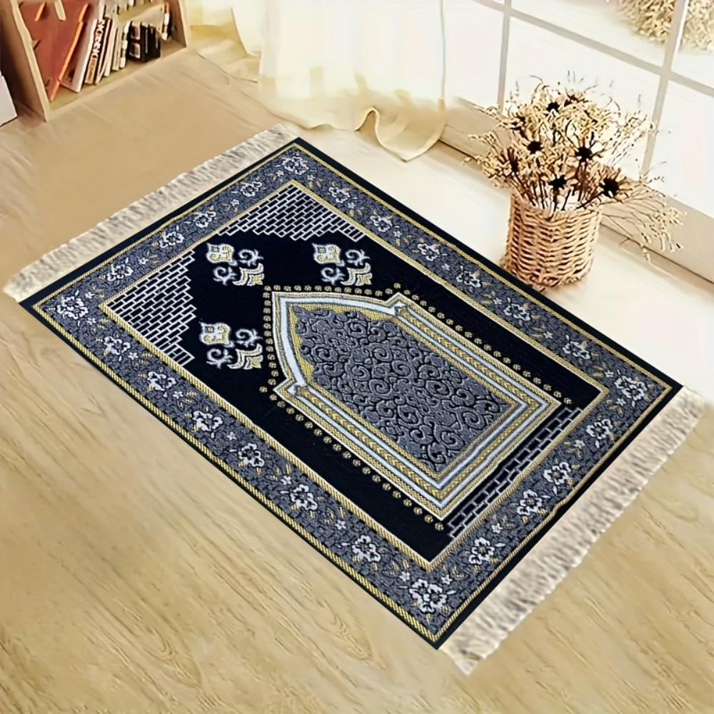 Tapis de prière musulman de luxe, Tapis à motif floral rouge, Tapis de voyage pliable avec pompons pour l'extérieur et l'Aïd du Ramadan, Mubarak