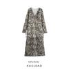 Kaslead New Arrival Women's Clothing Fashion Style Fashion Loose Animal Pattern V-neck Ruffled Long Sleeves Dress