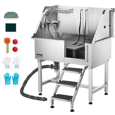 Station de lavage pour chien en acier inoxydable de 96,5 cm, Baignoire de toilettage pour animaux de compagnie avec robinetterie eau chaude et froide, Pommeau de douche, Évier de lavage pour la maison