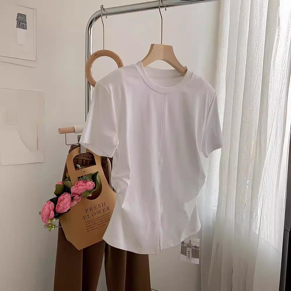 Pure Desire Women's Irregular Slit T-Shirt - Waist-Hugging, Round Neck, Short Sleeves, Loose Summer Style, Sexy Design, High Quality