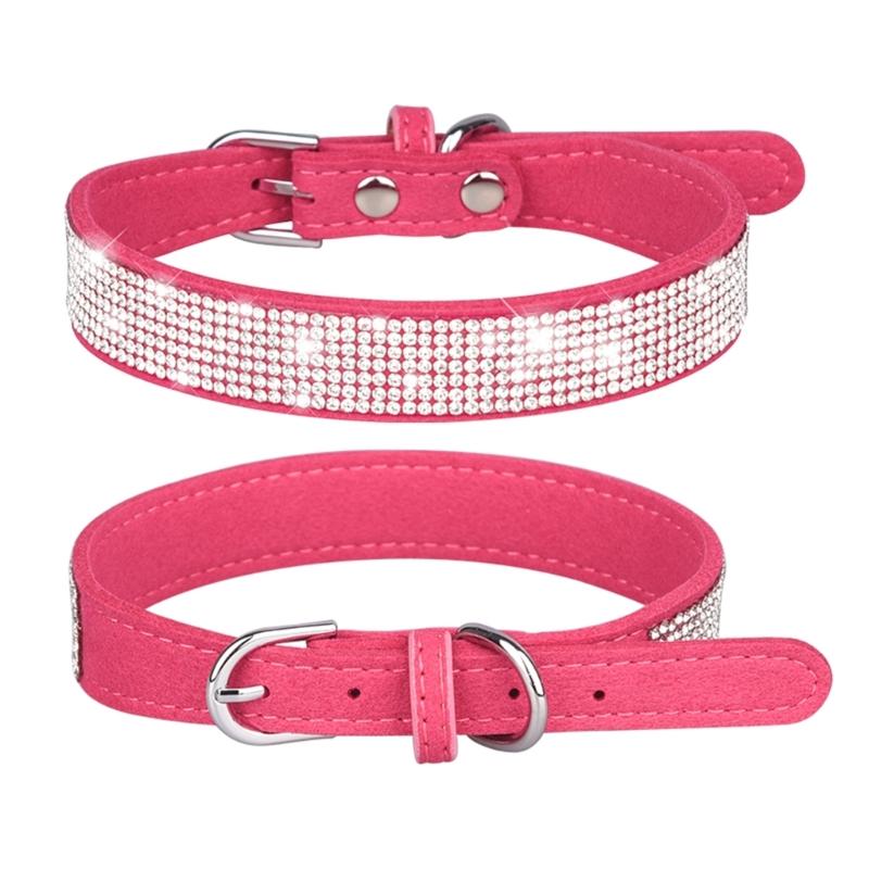 Rhinestones Dog Collar Cute Dazzling Sparkling Soft Suede- Leather Dog for Cat Rhinestones Collar Crystal-DiamondP