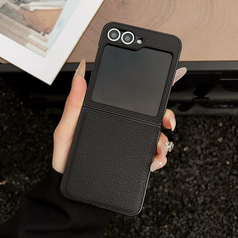 Plain Leather Lychee Patterned Case For Samsung Z Flip 7 flip7 Flip 6 Galaxy Z Flip 6 5 4 3 Camera protect Cover