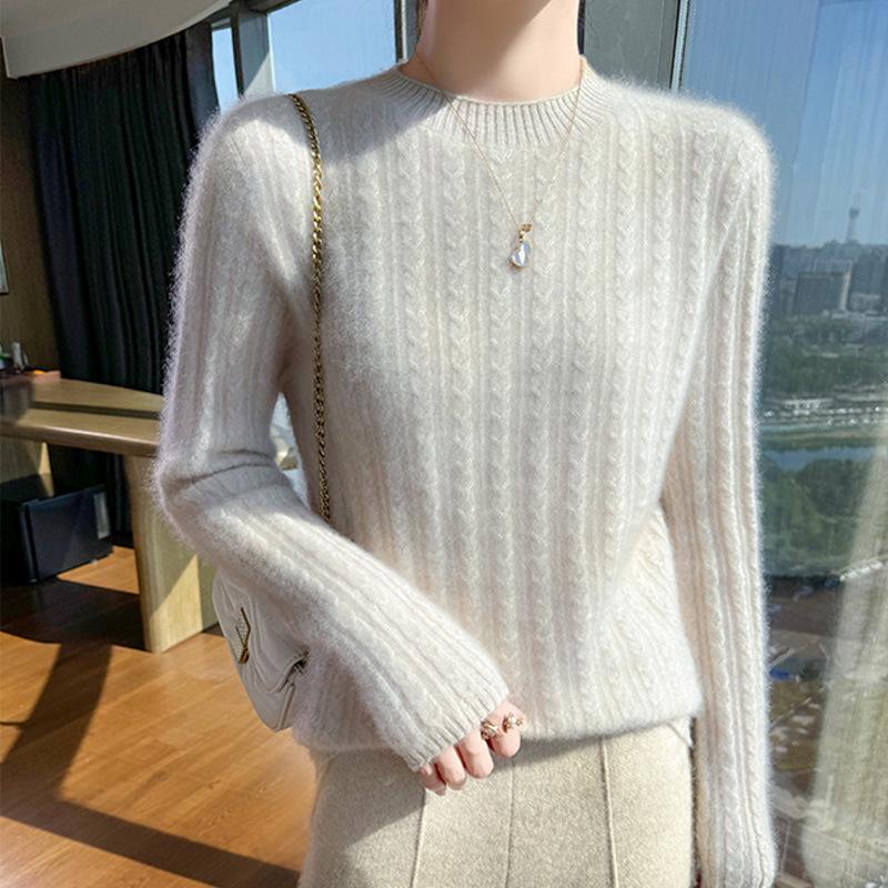 Women's Wool Cable Knit Sweater - Round Neck, Loose Fit, Versatile for Autumn/Winter