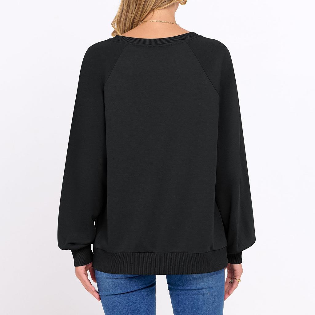 Women's Fashionable Casual Solid Color V-neck Long Sleeved T-Shirt Top Solid Color Sweatshirt