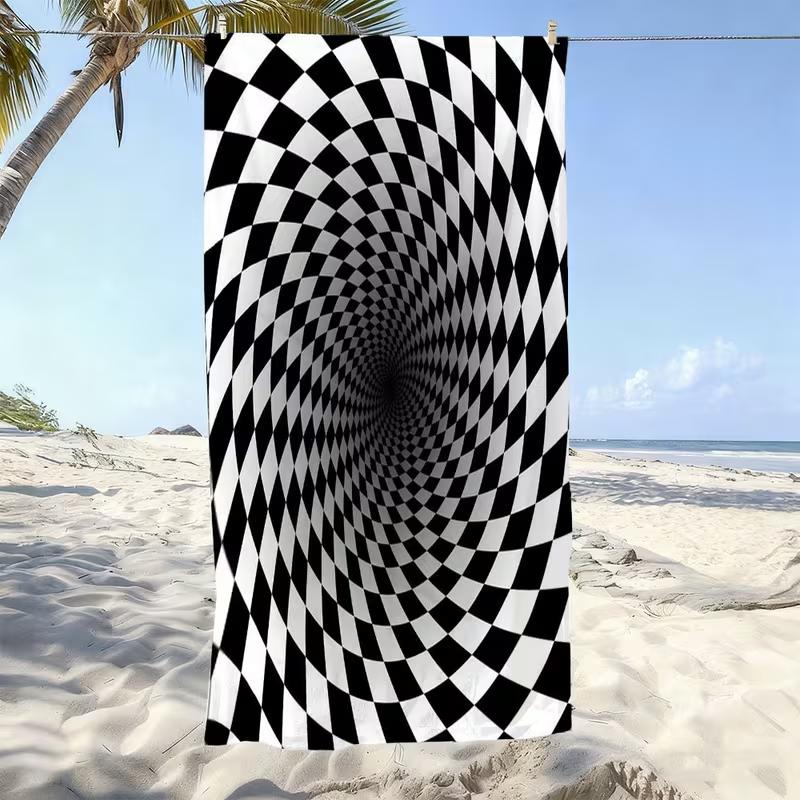 2D Optical Illusion Dot Print Beach Towel Abstract Warped Geometric Pattern Quick Dry Soft Absorbent Sand Free Towel for Summer
